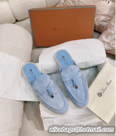 New Style Loro Piana Suede Flat Mules 0507 Light Blue 2024