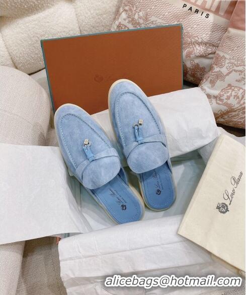 New Style Loro Piana Suede Flat Mules 0507 Light Blue 2024