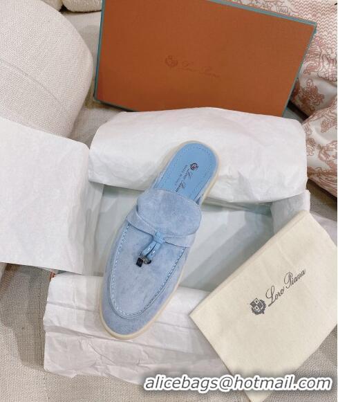 New Style Loro Piana Suede Flat Mules 0507 Light Blue 2024