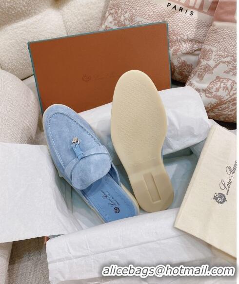 New Style Loro Piana Suede Flat Mules 0507 Light Blue 2024