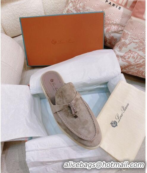 ​New Design Loro Piana Suede Flat Mules 050708 Grey 2024