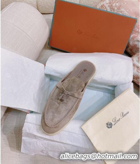 ​New Design Loro Piana Suede Flat Mules 050708 Grey 2024