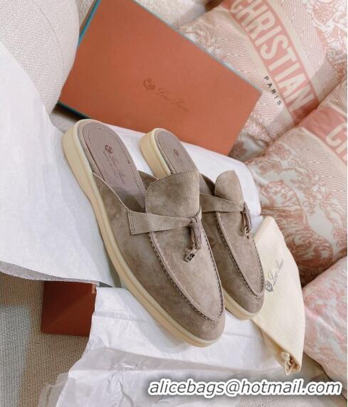 ​New Design Loro Piana Suede Flat Mules 050708 Grey 2024