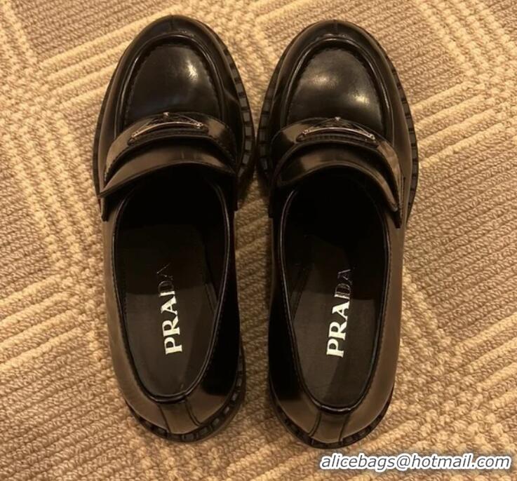 Buy Discount Prada Chocolate Brushed Leather Loafers PA8486 Black