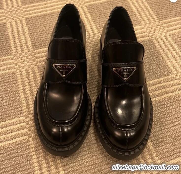 Buy Discount Prada Chocolate Brushed Leather Loafers PA8486 Black