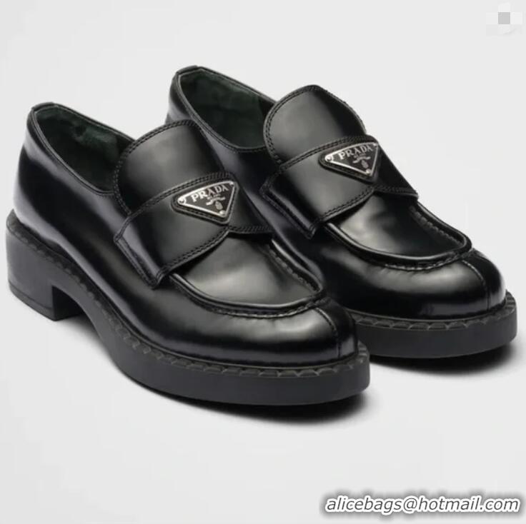 Buy Discount Prada Chocolate Brushed Leather Loafers PA8486 Black