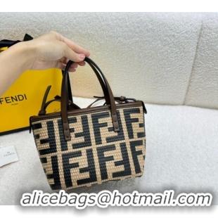 Promotional Fendi FF Straw Mini Basket bag 0618 Beige/Black 2024