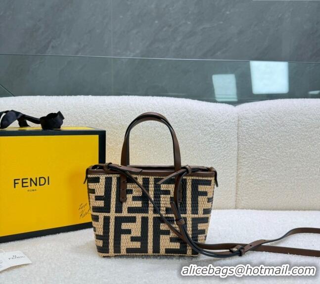 Promotional Fendi FF Straw Mini Basket bag 0618 Beige/Black 2024