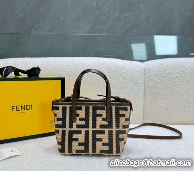 Promotional Fendi FF Straw Mini Basket bag 0618 Beige/Black 2024