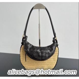 Promotional Bottega Veneta Small Gemelli Shoulder Bag in Intrecciato Leather and Straw 776764 Black