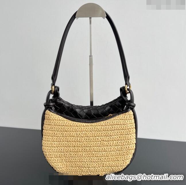 Promotional Bottega Veneta Small Gemelli Shoulder Bag in Intrecciato Leather and Straw 776764 Black