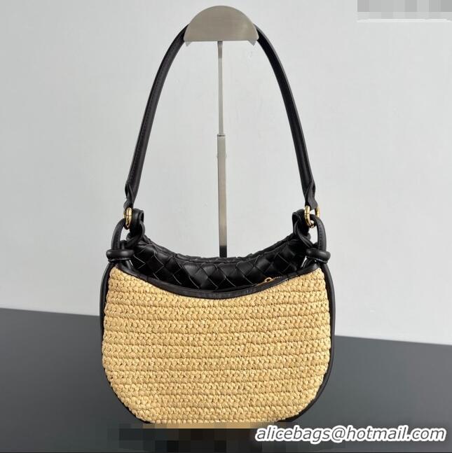 Inexpensive Bottega Veneta Small Gemelli Shoulder Bag in Intrecciato Leather and Straw 776764 Brown