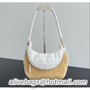 Best Price Bottega Veneta Small Gemelli Shoulder Bag in Intrecciato Leather and Straw 776764 White