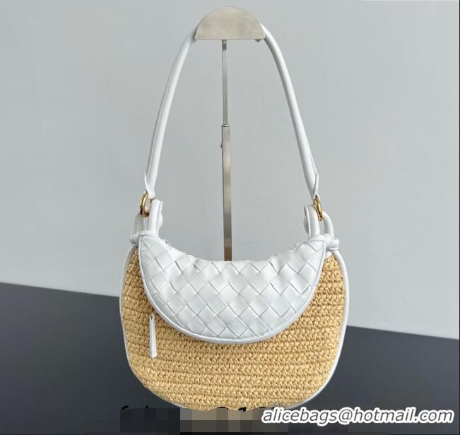 Best Price Bottega Veneta Small Gemelli Shoulder Bag in Intrecciato Leather and Straw 776764 White