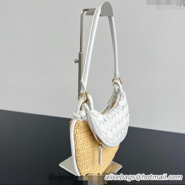 Best Price Bottega Veneta Small Gemelli Shoulder Bag in Intrecciato Leather and Straw 776764 White