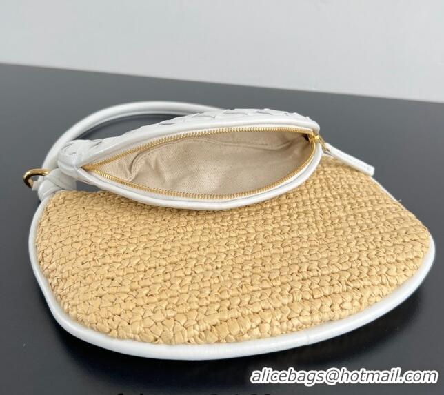 Best Price Bottega Veneta Small Gemelli Shoulder Bag in Intrecciato Leather and Straw 776764 White