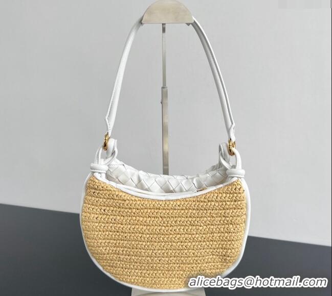 Best Price Bottega Veneta Small Gemelli Shoulder Bag in Intrecciato Leather and Straw 776764 White