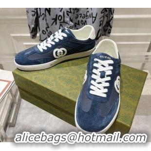 Popular Style Gucci Interlocking G Sneakers in Suede and Mesh Dark Blue 605017