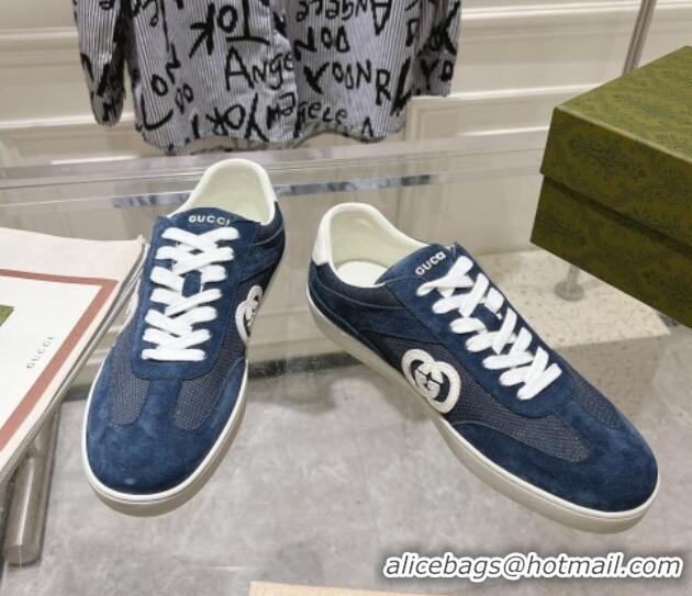 Popular Style Gucci Interlocking G Sneakers in Suede and Mesh Dark Blue 605017