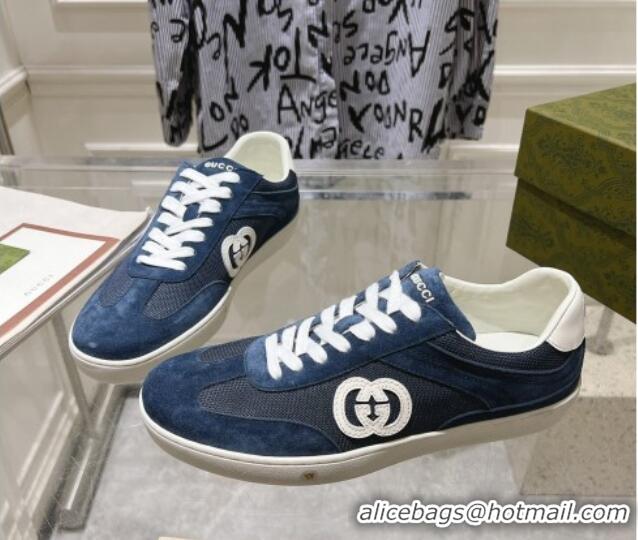 Popular Style Gucci Interlocking G Sneakers in Suede and Mesh Dark Blue 605017