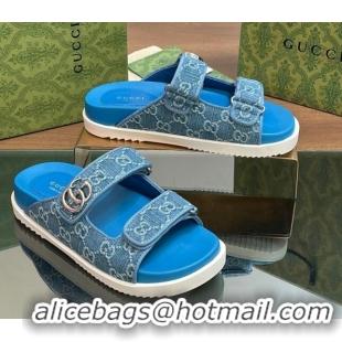 Durable Gucci GG Denim Flat Slides Sandal with Strap Blue 05021