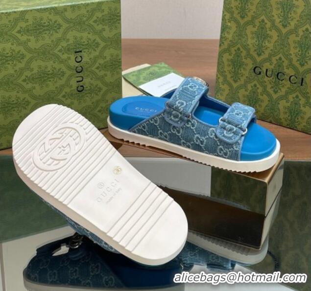 Durable Gucci GG Denim Flat Slides Sandal with Strap Blue 05021