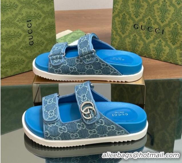 Durable Gucci GG Denim Flat Slides Sandal with Strap Blue 05021