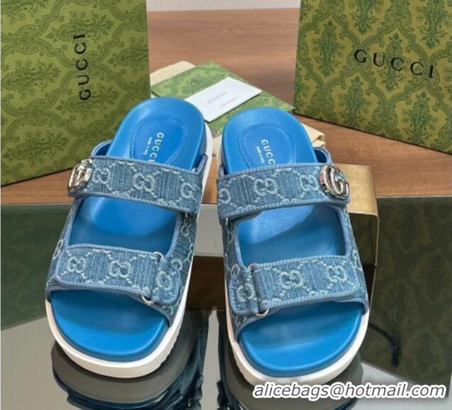 Durable Gucci GG Denim Flat Slides Sandal with Strap Blue 05021