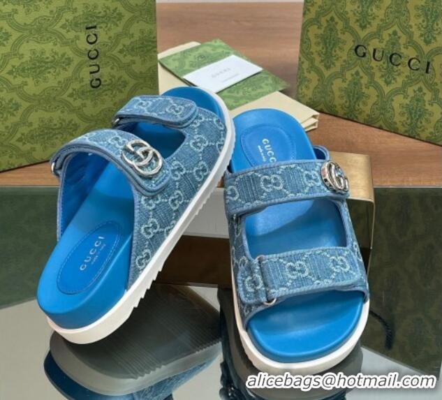 Durable Gucci GG Denim Flat Slides Sandal with Strap Blue 05021