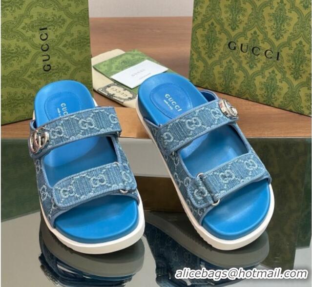 Durable Gucci GG Denim Flat Slides Sandal with Strap Blue 05021