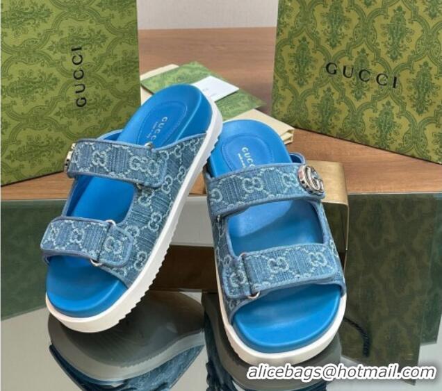 Durable Gucci GG Denim Flat Slides Sandal with Strap Blue 05021