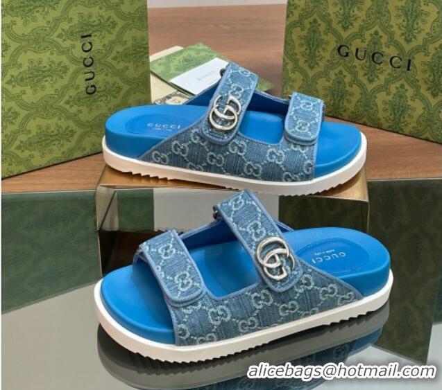 Durable Gucci GG Denim Flat Slides Sandal with Strap Blue 05021