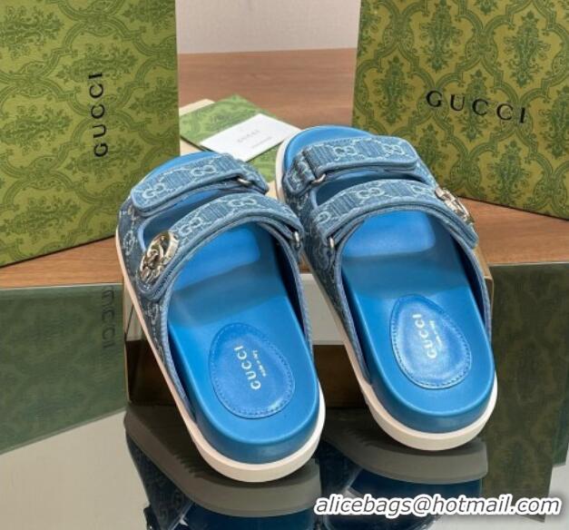 Durable Gucci GG Denim Flat Slides Sandal with Strap Blue 05021