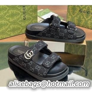 Luxurious Gucci GG Denim Flat Slides Sandal with Strap Black 05022