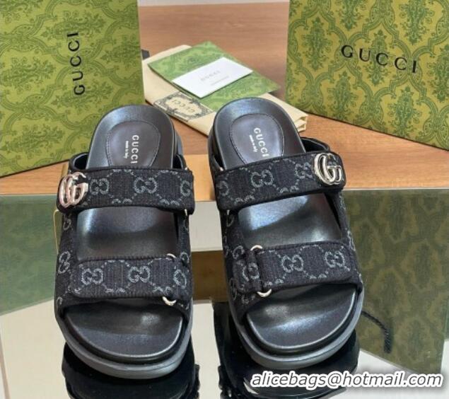 Luxurious Gucci GG Denim Flat Slides Sandal with Strap Black 05022