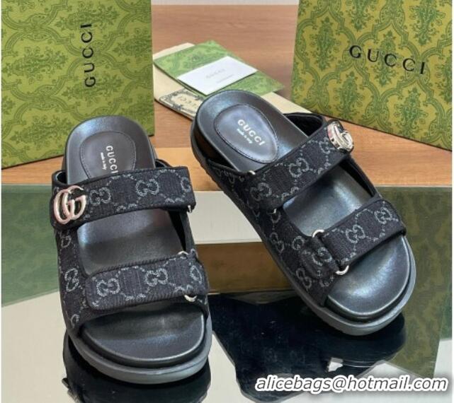 Luxurious Gucci GG Denim Flat Slides Sandal with Strap Black 05022