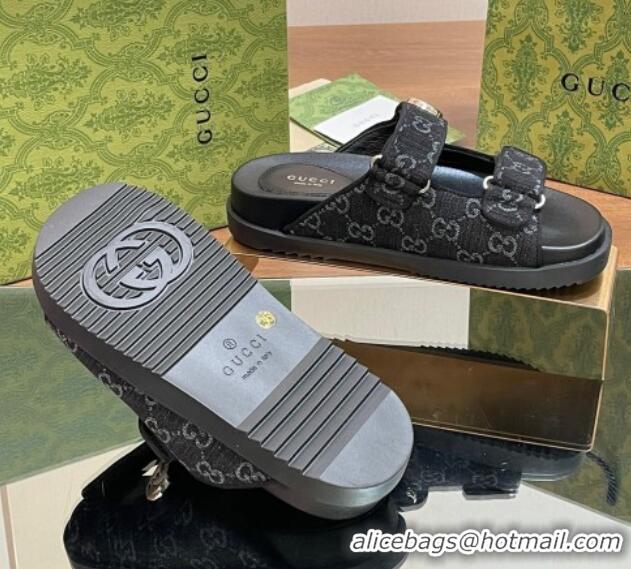 Luxurious Gucci GG Denim Flat Slides Sandal with Strap Black 05022