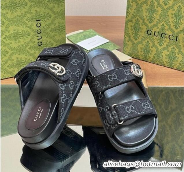 Luxurious Gucci GG Denim Flat Slides Sandal with Strap Black 05022