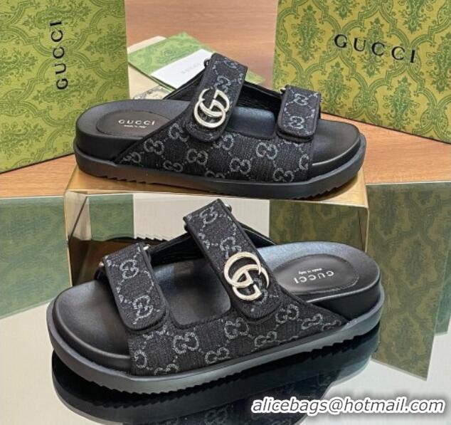 Luxurious Gucci GG Denim Flat Slides Sandal with Strap Black 05022