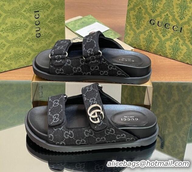 Luxurious Gucci GG Denim Flat Slides Sandal with Strap Black 05022