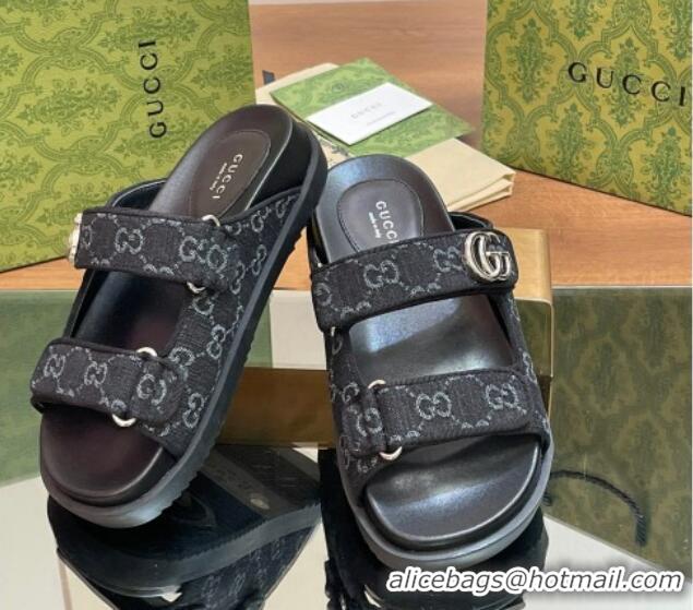 Luxurious Gucci GG Denim Flat Slides Sandal with Strap Black 05022