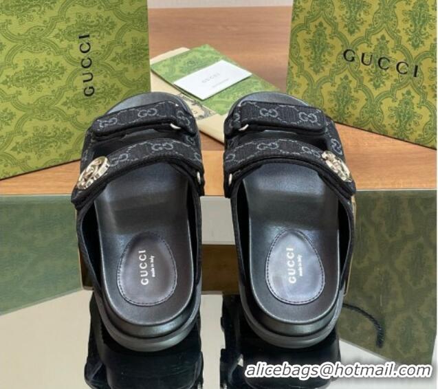 Luxurious Gucci GG Denim Flat Slides Sandal with Strap Black 05022