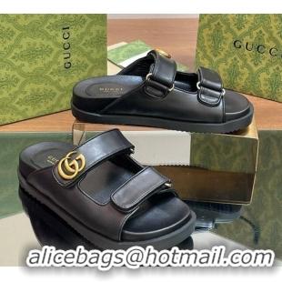 Top Quality Gucci Leather Flat Slides Sandal with Strap Black 05023