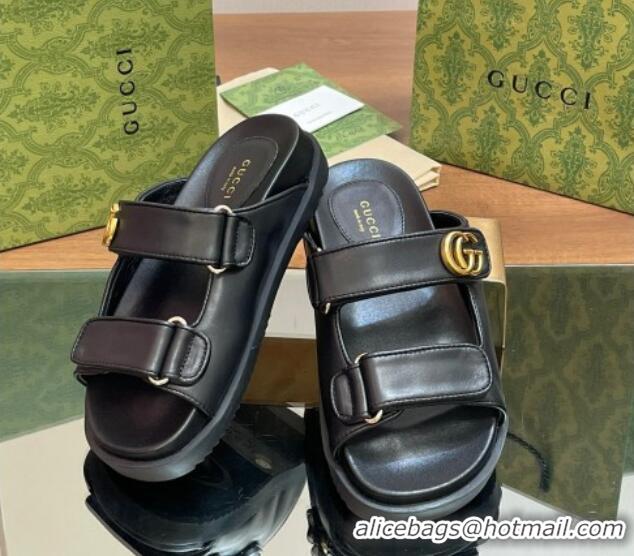 Top Quality Gucci Leather Flat Slides Sandal with Strap Black 05023