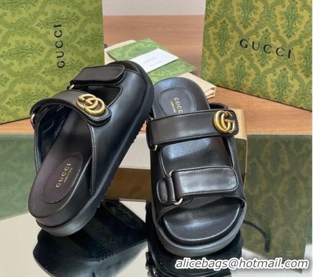 Top Quality Gucci Leather Flat Slides Sandal with Strap Black 05023