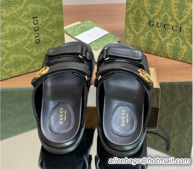 Top Quality Gucci Leather Flat Slides Sandal with Strap Black 05023