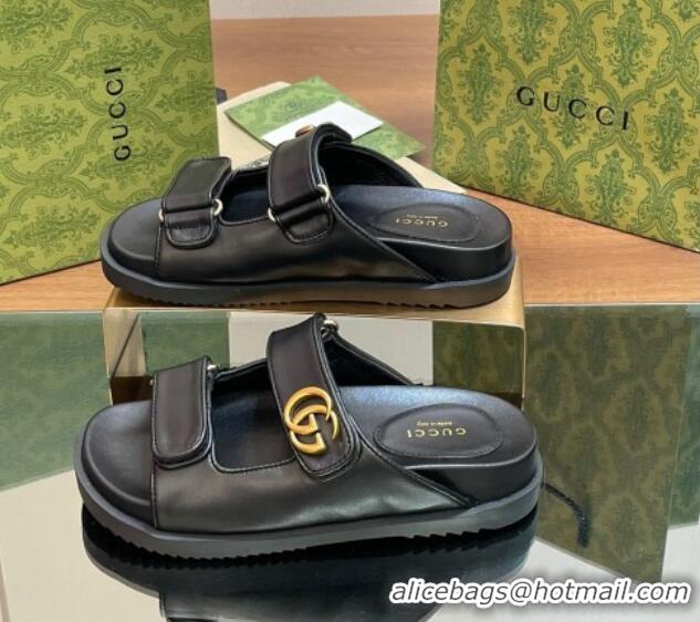 Top Quality Gucci Leather Flat Slides Sandal with Strap Black 05023