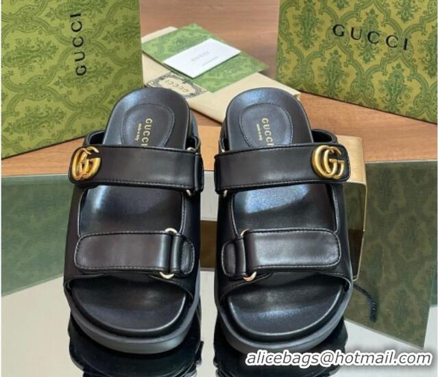 Top Quality Gucci Leather Flat Slides Sandal with Strap Black 05023