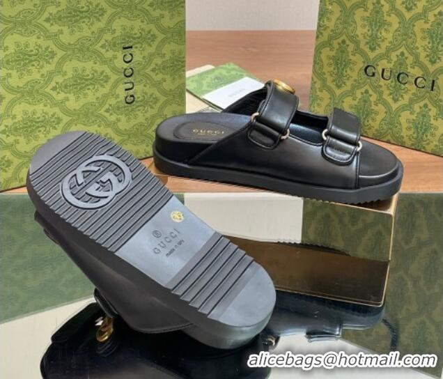 Top Quality Gucci Leather Flat Slides Sandal with Strap Black 05023