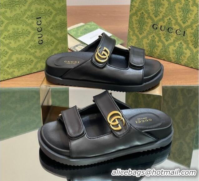 Top Quality Gucci Leather Flat Slides Sandal with Strap Black 05023